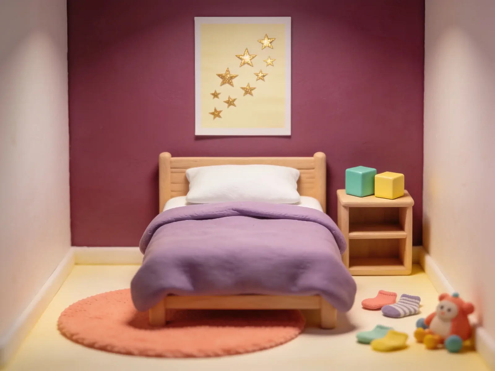 A small bedroom with socks and a toy on the floor