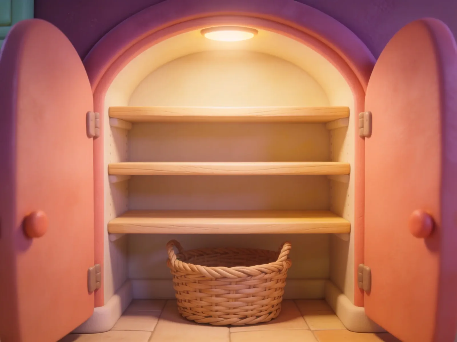 An open pantry with empty shelves and a basket below