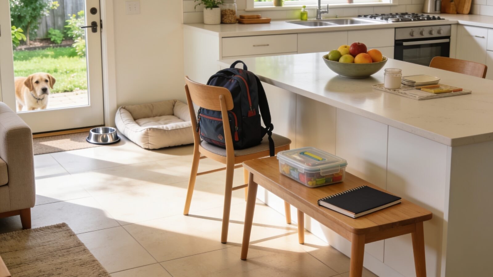 A bright Australian kitchen and living area with a school bag, lunchbox, dog bed and fruit bowl in morning light.