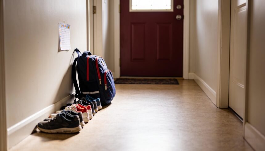 A school bag and shoes set ready by the front door of an Australian home early in the morning.