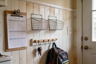 A family command centre on a kitchen wall with a weekly planner, wall pockets and a hook rail.