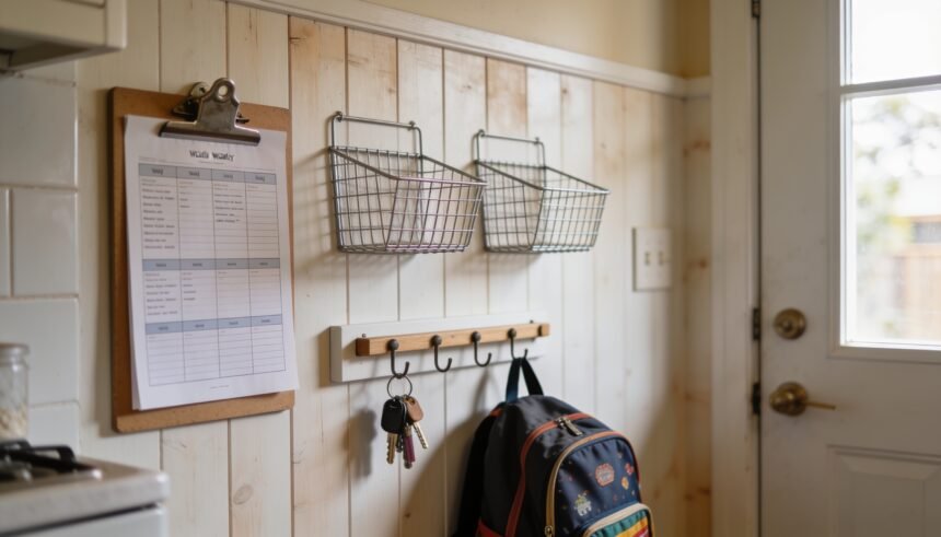 A family command centre on a kitchen wall with a weekly planner, wall pockets and a hook rail.