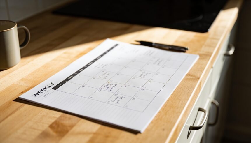 A printed one-page family week planner part-filled in on a kitchen bench beside a pen.