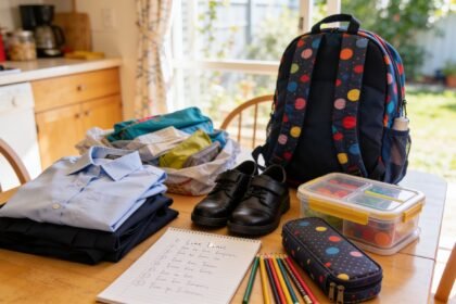 School uniform, shoes, backpack and stationery laid out on a kitchen table before the start of term.