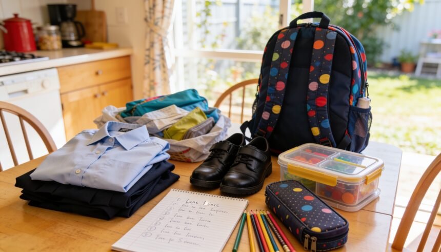 School uniform, shoes, backpack and stationery laid out on a kitchen table before the start of term.