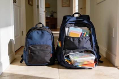 A small primary school bag and a larger high school bag side by side with stationery beside them.