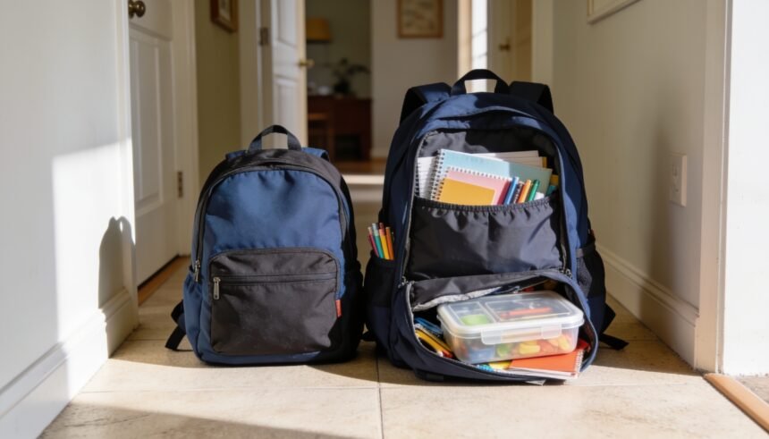 A small primary school bag and a larger high school bag side by side with stationery beside them.