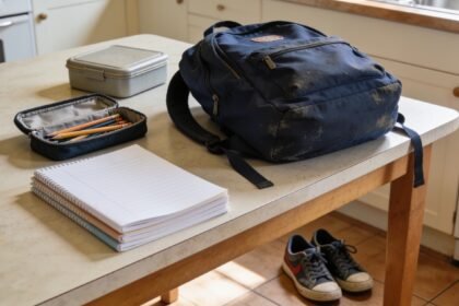 School bag, pencil case, exercise books and lunchbox set out on a kitchen table for checking before shopping.