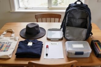 School uniform, bags and lunch gear grouped on a table beside blank name labels and a marker.