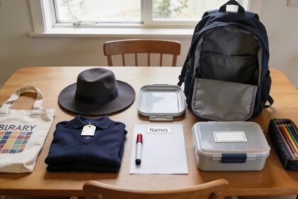 School uniform, bags and lunch gear grouped on a table beside blank name labels and a marker.