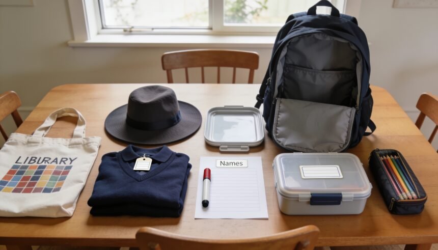 School uniform, bags and lunch gear grouped on a table beside blank name labels and a marker.