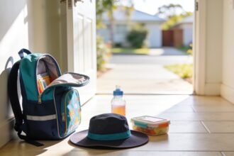 A small prep school bag open on the floor with a wide-brimmed hat, lunch box and drink bottle beside it.