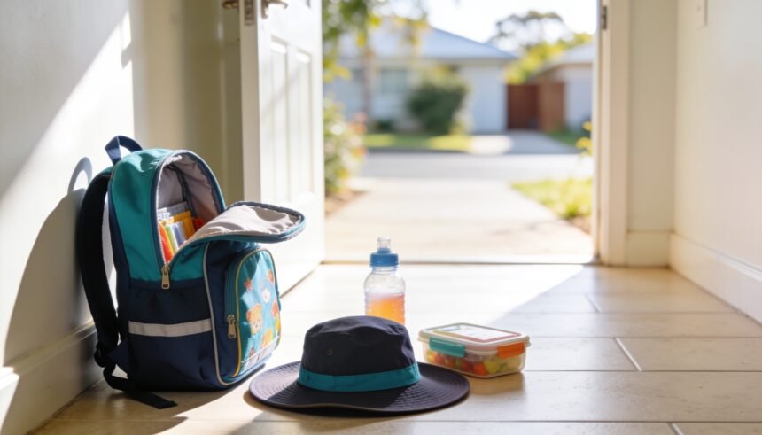 A small prep school bag open on the floor with a wide-brimmed hat, lunch box and drink bottle beside it.