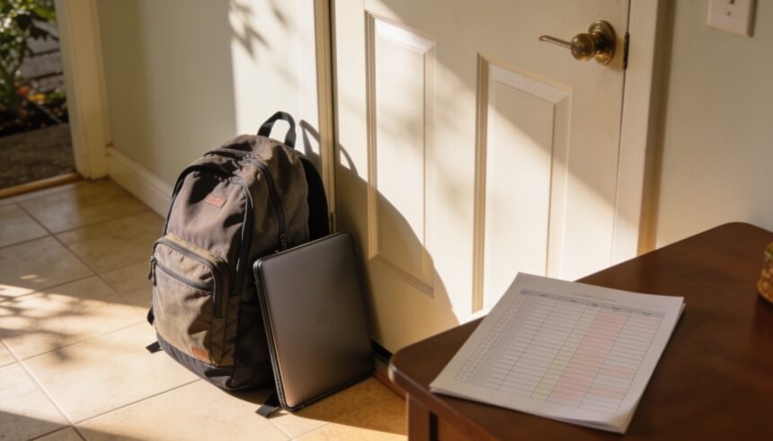 A high school backpack and laptop case by the front door on the first morning of term.
