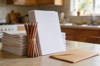 New exercise books and stationery beside an unopened school envelope on a kitchen table.