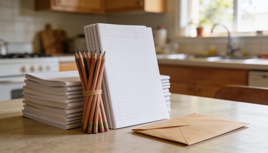 New exercise books and stationery beside an unopened school envelope on a kitchen table.