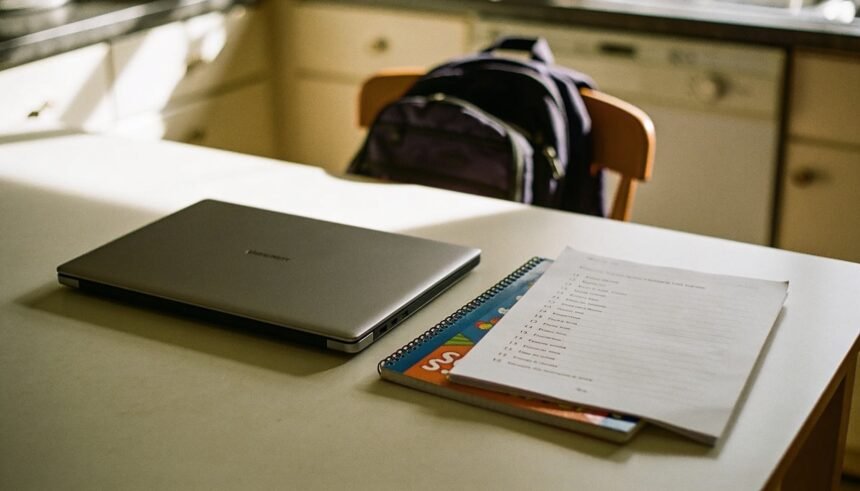 A laptop and a school list on a kitchen table before the start of the school year.