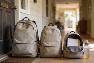 Three school backpacks of different sizes lined up by a front door with books and a drink bottle.