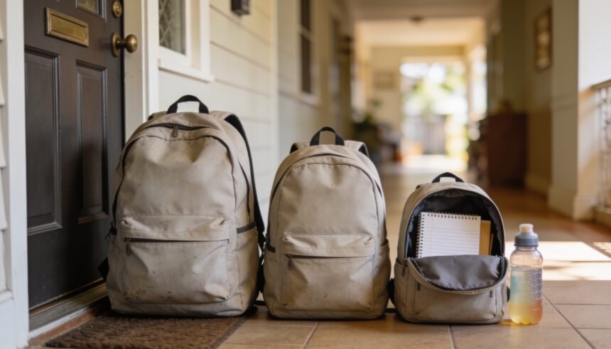 Three school backpacks of different sizes lined up by a front door with books and a drink bottle.