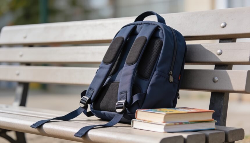 A child's backpack with its padded shoulder straps laid out flat beside a stack of school books.