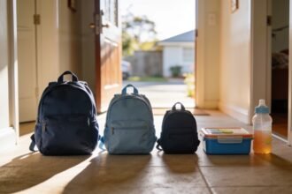 Three small children's backpacks of different sizes lined up with a lunch box and drink bottle.