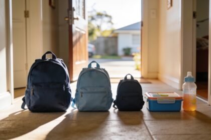 Three small children's backpacks of different sizes lined up with a lunch box and drink bottle.
