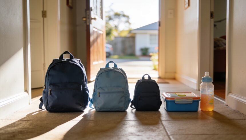 Three small children's backpacks of different sizes lined up with a lunch box and drink bottle.