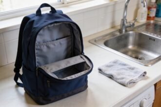 An empty school backpack with open compartments beside a damp cloth on a laundry bench.