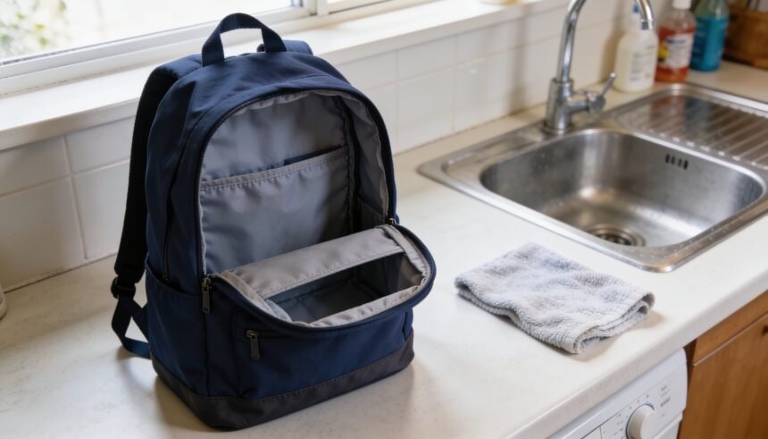 An empty school backpack with open compartments beside a damp cloth on a laundry bench.