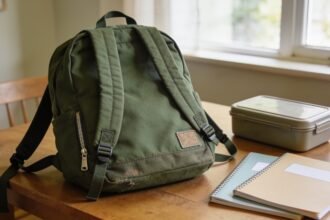 A worn school backpack with intact straps and a small repair patch beside a lunchbox and blank school books.