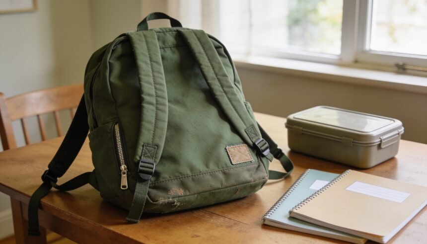 A worn school backpack with intact straps and a small repair patch beside a lunchbox and blank school books.