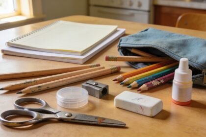 Pencils, glue, scissors and plain exercise books beside an open pencil case on a kitchen table.