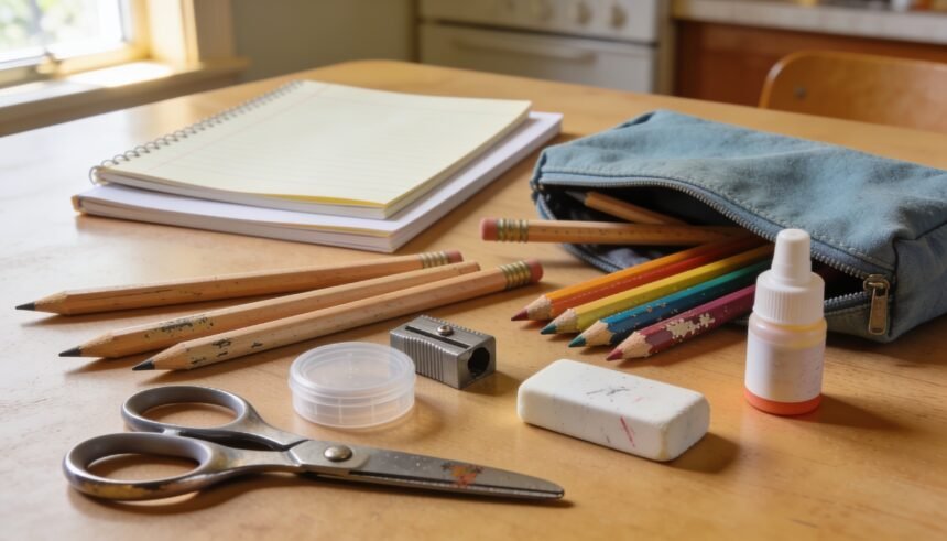 Pencils, glue, scissors and plain exercise books beside an open pencil case on a kitchen table.