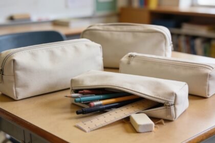 Four pencil cases of different sizes on a desk, one open with pens and a ruler beside it.