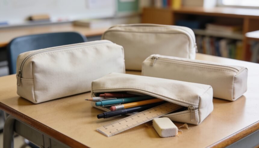 Four pencil cases of different sizes on a desk, one open with pens and a ruler beside it.