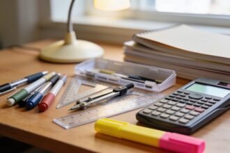 High school stationery including a calculator, geometry set and exercise books grouped on a desk.