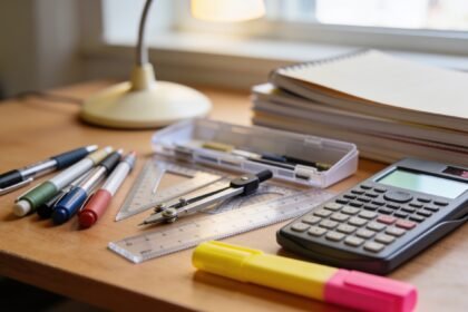 High school stationery including a calculator, geometry set and exercise books grouped on a desk.