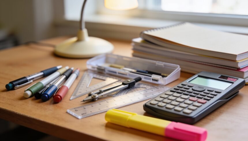 High school stationery including a calculator, geometry set and exercise books grouped on a desk.