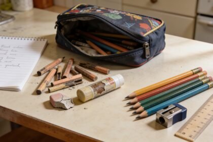 Worn and usable school stationery sorted into two groups on a kitchen table beside a notepad.