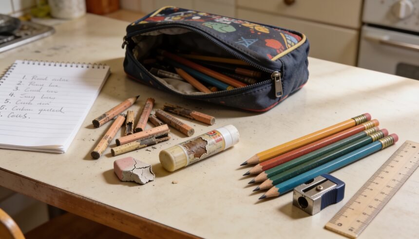 Worn and usable school stationery sorted into two groups on a kitchen table beside a notepad.