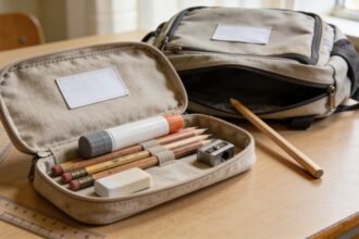 Open pencil case with school supplies beside a backpack and a loose pencil on a homework table.