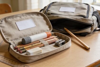 Open pencil case with school supplies beside a backpack and a loose pencil on a homework table.