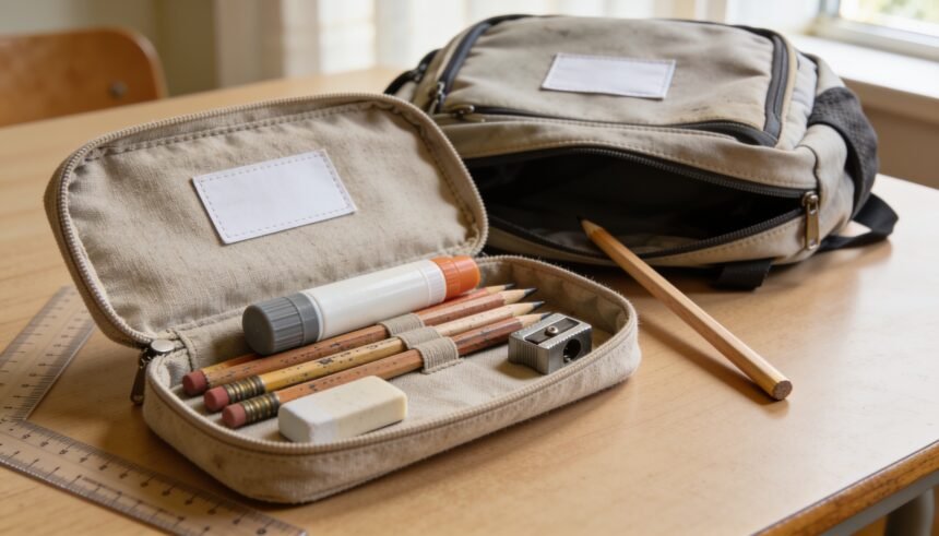 Open pencil case with school supplies beside a backpack and a loose pencil on a homework table.