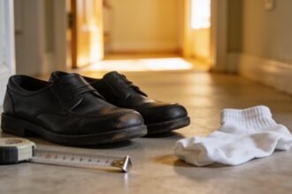 A pair of black school shoes on a hallway floor beside a sock and a tape measure.