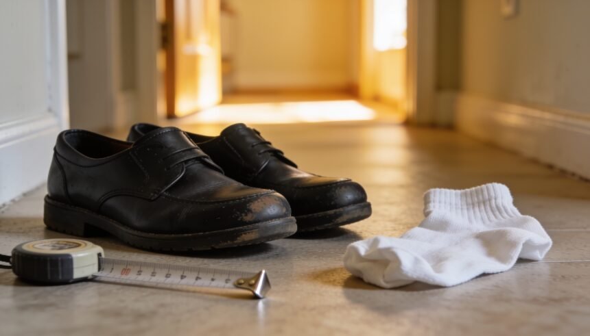 A pair of black school shoes on a hallway floor beside a sock and a tape measure.