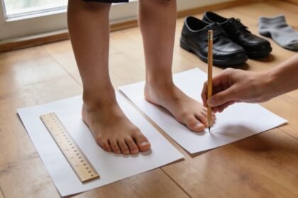A parent marking a child's foot length on paper beside a ruler and school shoes.