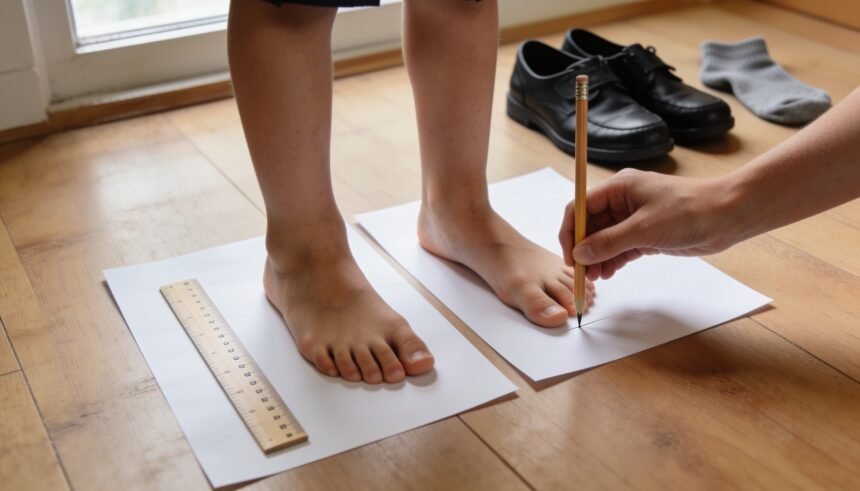 A parent marking a child's foot length on paper beside a ruler and school shoes.