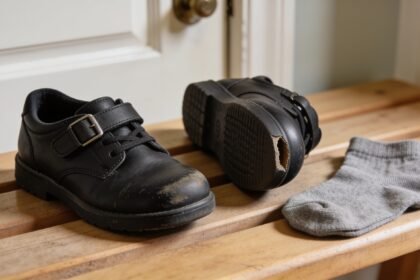 Black school shoes on a bench, one turned sideways to show worn heel tread and a separating sole edge.