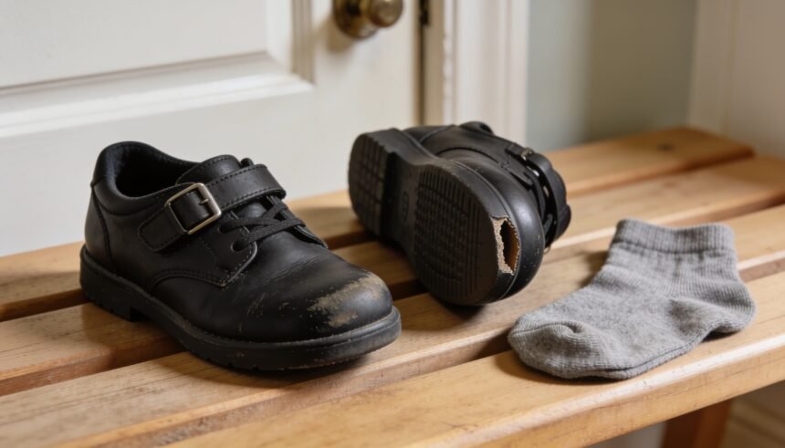 Black school shoes on a bench, one turned sideways to show worn heel tread and a separating sole edge.