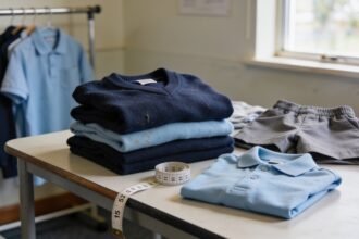 Secondhand school uniforms arranged on a community-room table, with two polos laid out for a size comparison.